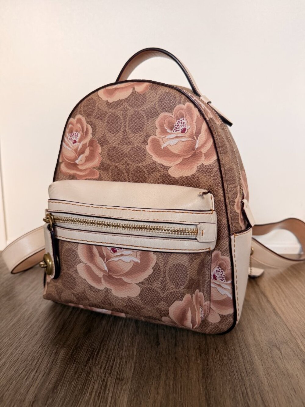 Coach Court Backpack Neutral Floral Print Antique Gold Leather Trim Mini